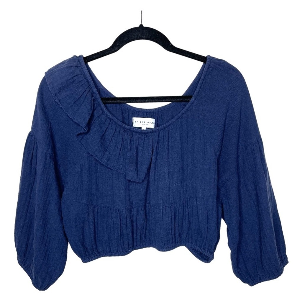 Apiece Apart Cela‎ Ruffled Crop Top Cotton Navy - Picture 3 of 11